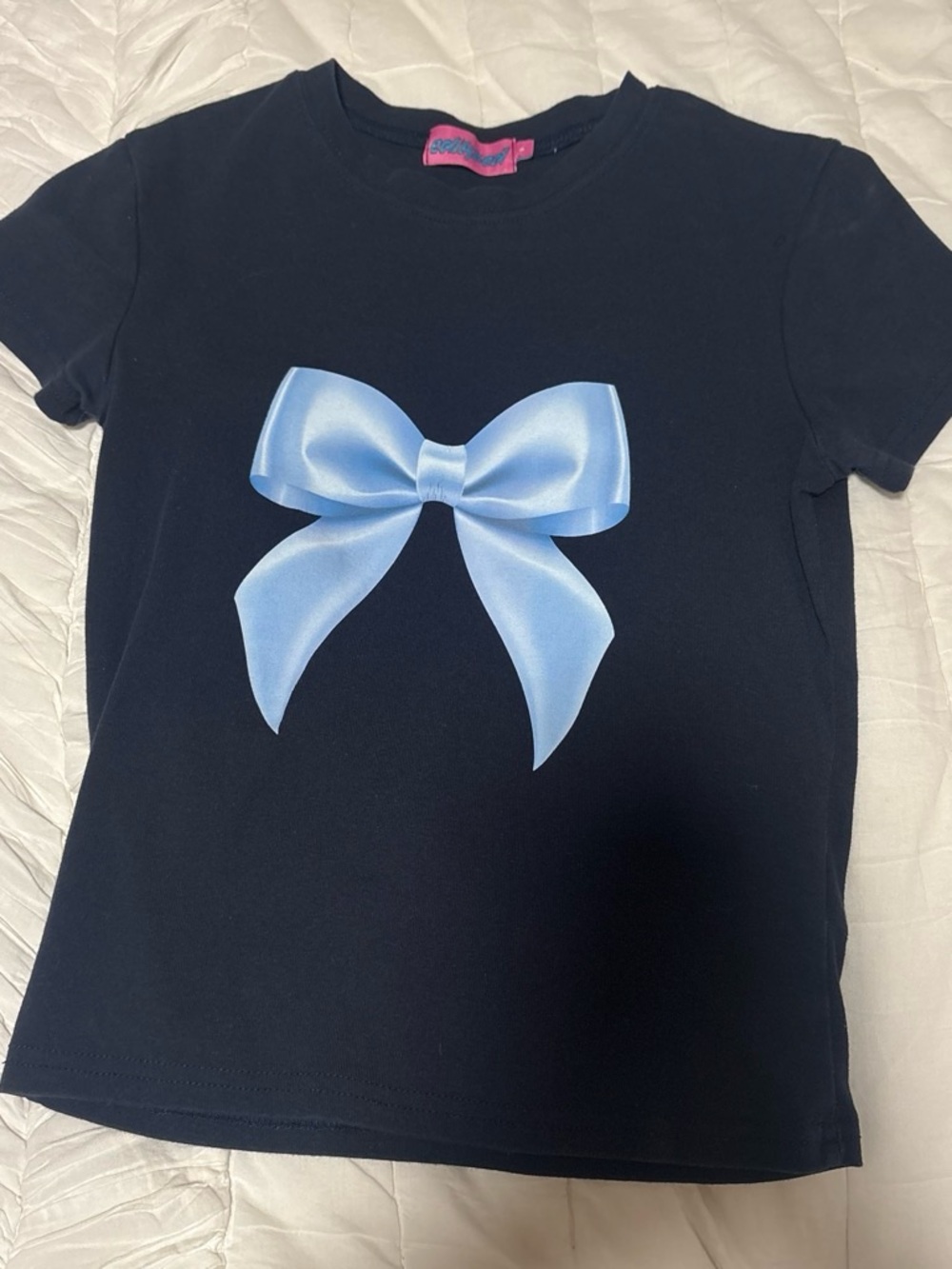 Edikted Navy Tee with Light Blue Bow Graphic